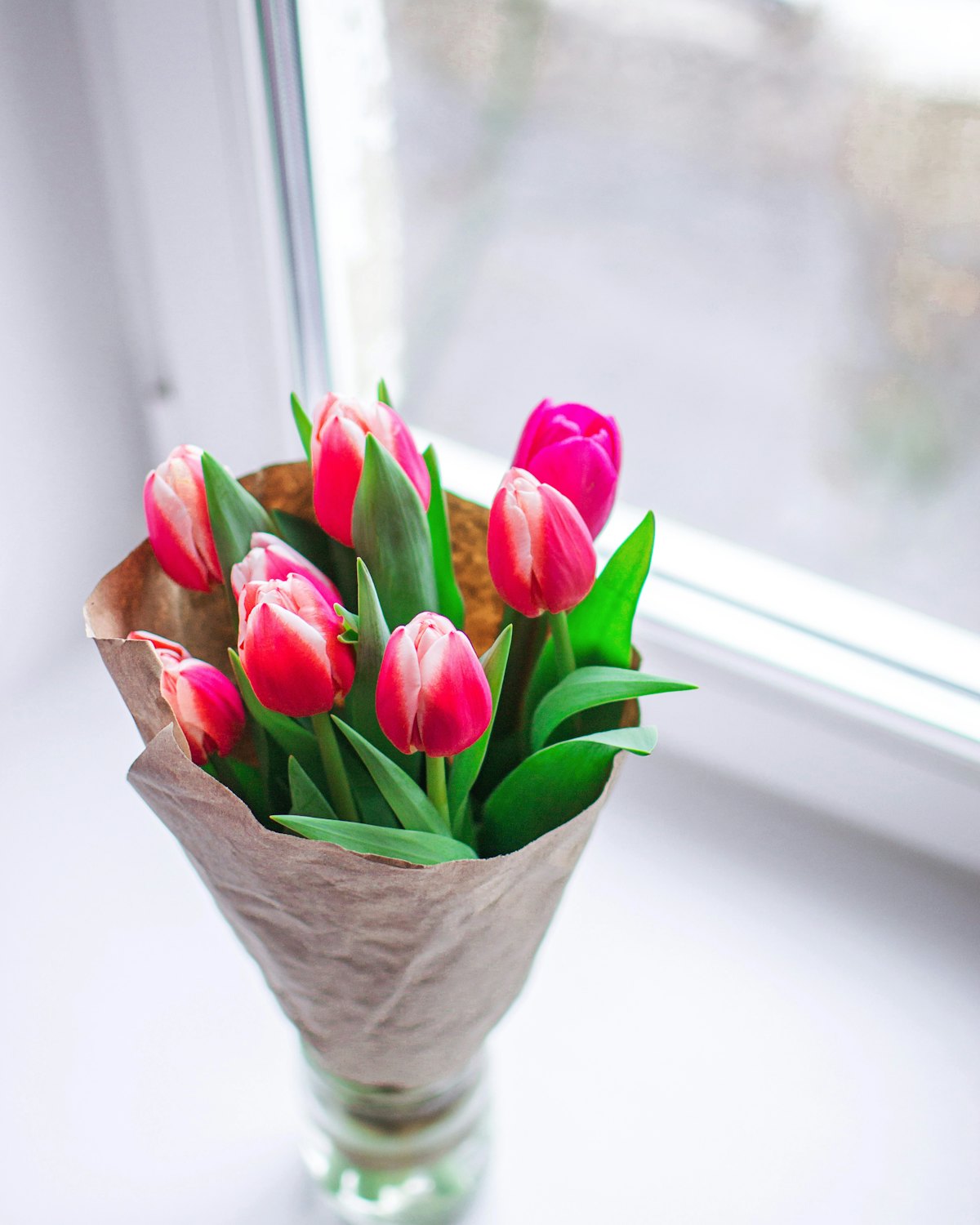 Ein Strauß Tulpen in Papier auf einer Fensterbank